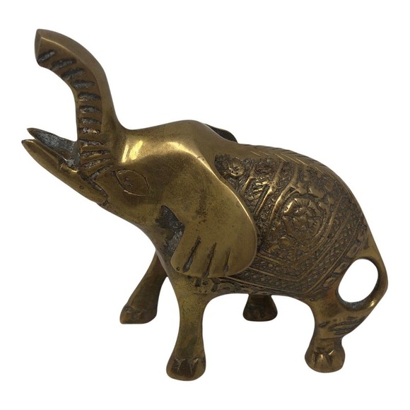 Unbranded Other - Vintage Small Solid Brass Elephant Raised Trunk Embossed Ornate MCM Figurine